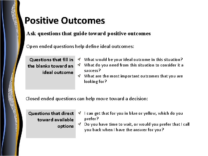 Positive Outcomes Ask questions that guide toward positive outcomes Open ended questions help define