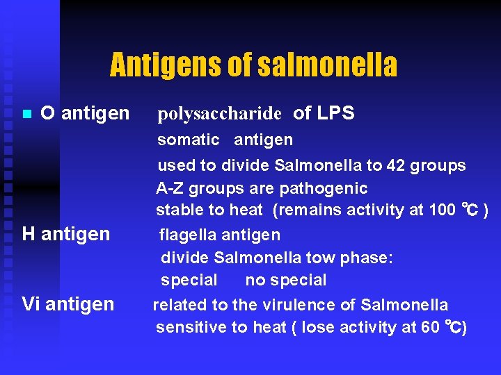 Antigens of salmonella n O antigen polysaccharide of LPS somatic antigen used to divide