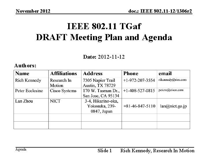 November 2012 doc. : IEEE 802. 11 -12/1306 r 2 IEEE 802. 11 TGaf