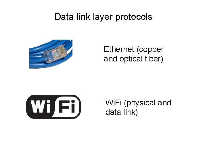 Data link layer protocols Ethernet (copper and optical fiber) Wi. Fi (physical and data