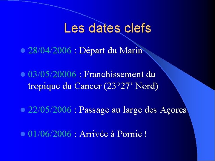 Les dates clefs l 28/04/2006 : Départ du Marin l 03/05/20006 : Franchissement du