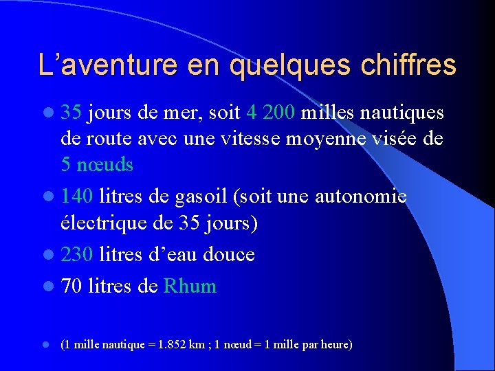 L’aventure en quelques chiffres l 35 jours de mer, soit 4 200 milles nautiques