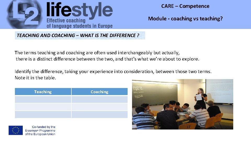 CARE – Competence Module - coaching vs teaching? Module TEACHING AND COACHING – WHAT