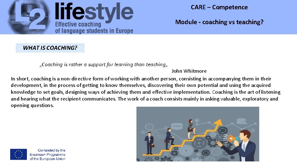 CARE – Competence Module - coaching vs teaching? Module WHAT IS COACHING? „Coaching is