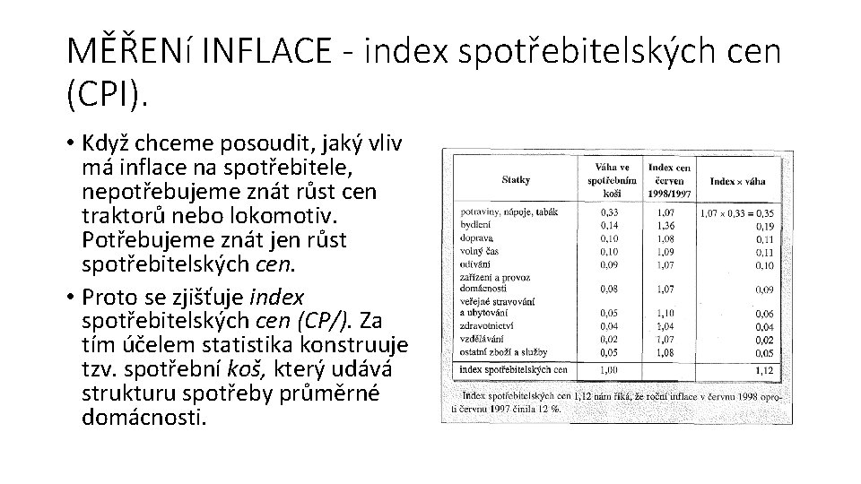 MĚŘENí INFLACE - index spotřebitelských cen (CPI). • Když chceme posoudit, jaký vliv má