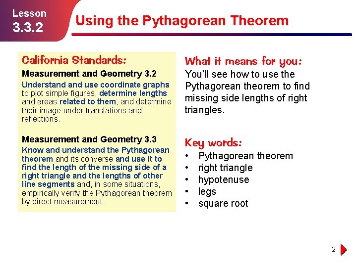 Lesson 3. 3. 2 Using the Pythagorean Theorem California Standards: What it means for