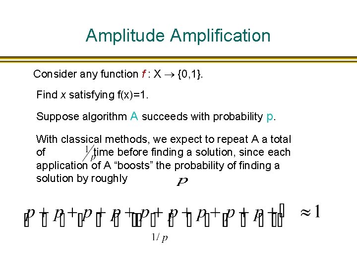 Amplitude Amplification Consider any function f : X {0, 1}. Find x satisfying f(x)=1.