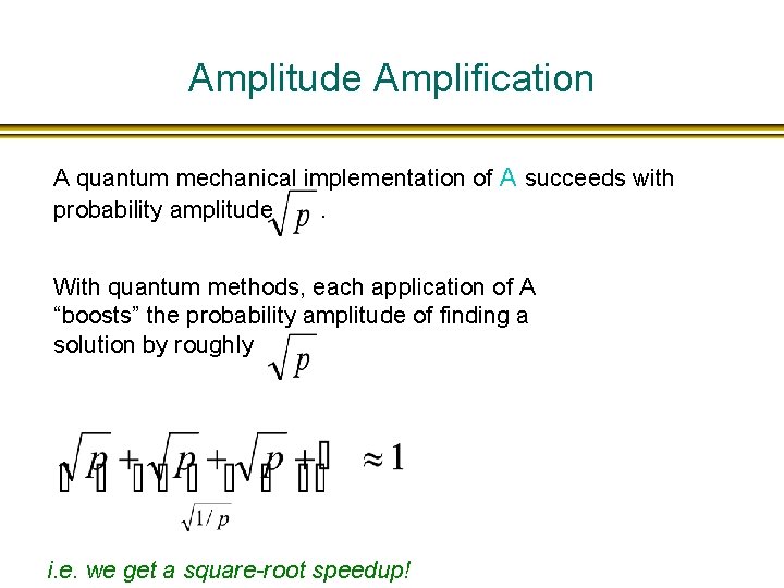 Amplitude Amplification A quantum mechanical implementation of A succeeds with probability amplitude. With quantum