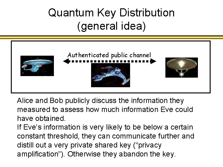 Quantum Key Distribution (general idea) Authenticated public channel Alice and Bob publicly discuss the