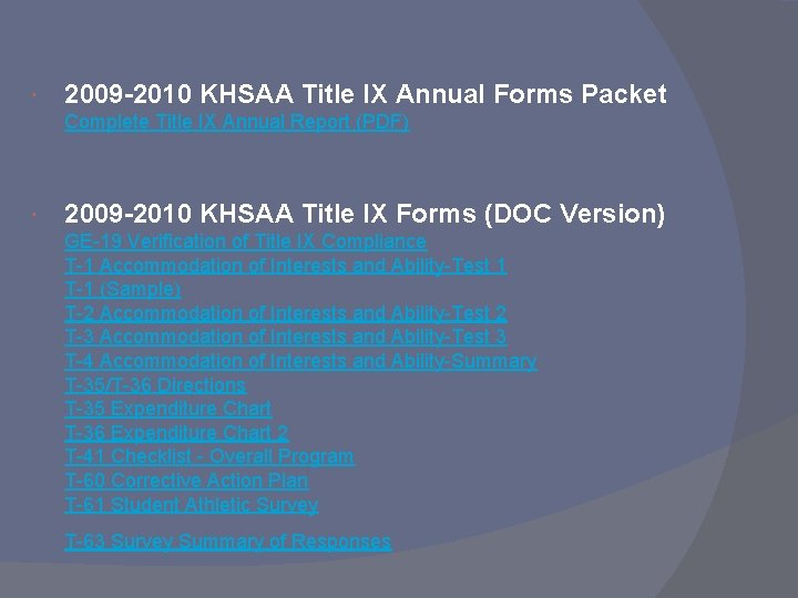  2009 -2010 KHSAA Title IX Annual Forms Packet Complete Title IX Annual Report