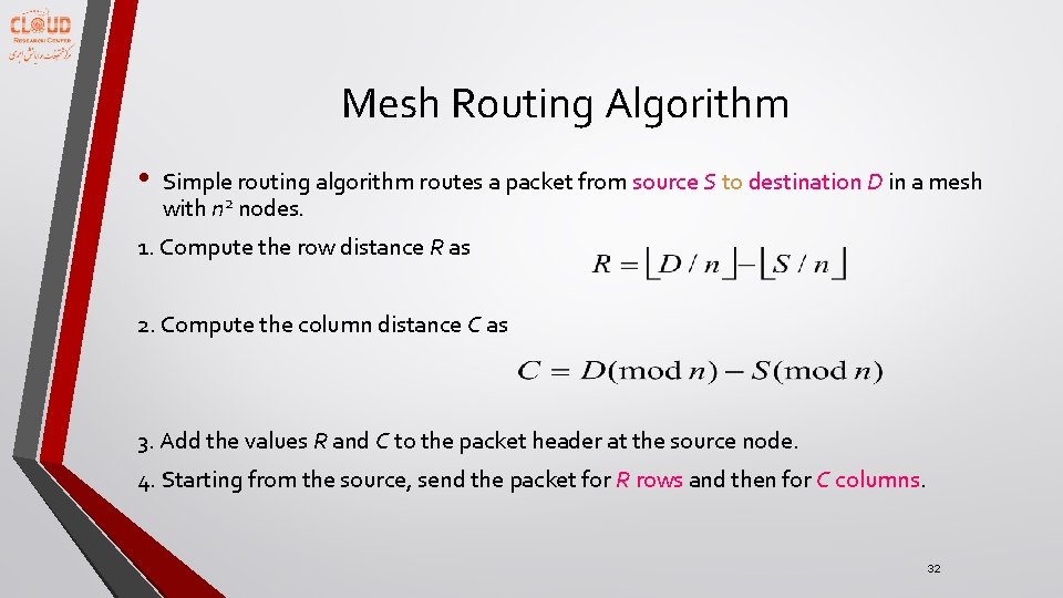 Mesh Routing Algorithm • Simple routing algorithm routes a packet from source S to