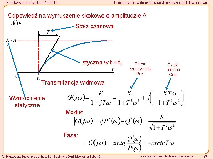 Podstawy automatyki 2015/2016 Transmitancja widmowa i charakterystyki częstotliwościowe Odpowiedź na wymuszenie skokowe o amplitudzie