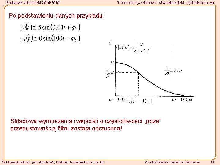 Podstawy automatyki 2015/2016 Transmitancja widmowa i charakterystyki częstotliwościowe Po podstawieniu danych przykładu: Składowa wymuszenia