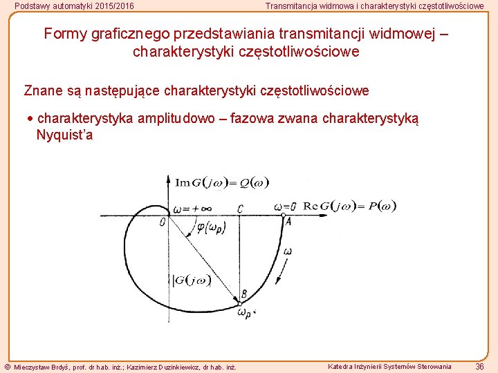 Podstawy automatyki 2015/2016 Transmitancja widmowa i charakterystyki częstotliwościowe Formy graficznego przedstawiania transmitancji widmowej –