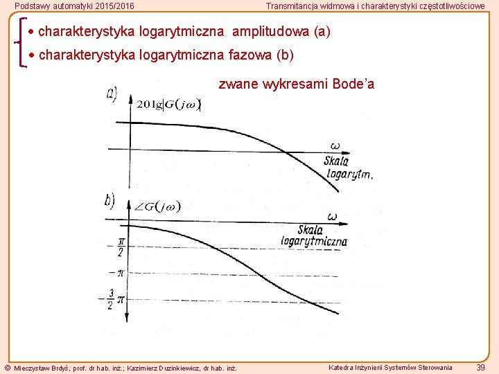 Podstawy automatyki 2015/2016 Transmitancja widmowa i charakterystyki częstotliwościowe charakterystyka logarytmiczna amplitudowa (a) charakterystyka logarytmiczna