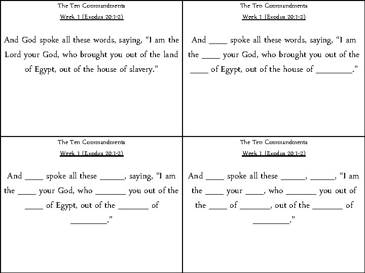 The Ten Commandments Week 1 (Exodus 20: 1 -2) And God spoke all these