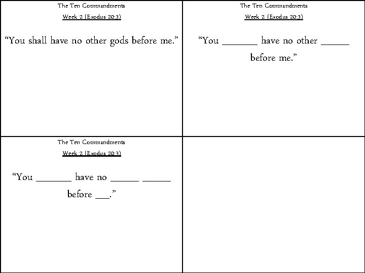 The Ten Commandments Week 2 (Exodus 20: 3) “You shall have no other gods