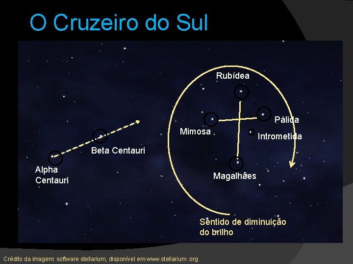 O Cruzeiro do Sul Rubídea Pálida Mimosa Intrometida Beta Centauri Alpha Centauri Magalhães Sentido