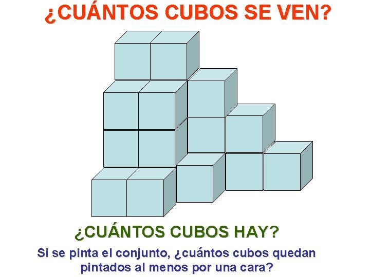 ¿CUÁNTOS CUBOS SE VEN? ¿CUÁNTOS CUBOS HAY? Si se pinta el conjunto, ¿cuántos cubos