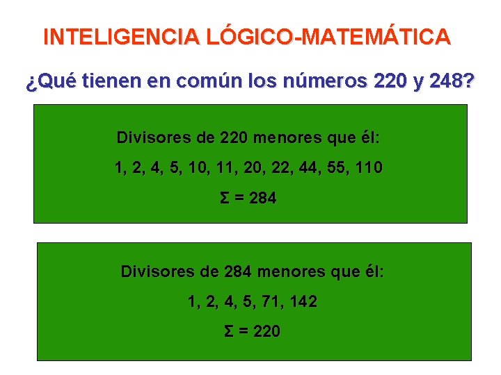 INTELIGENCIA LÓGICO-MATEMÁTICA ¿Qué tienen en común los números 220 y 248? Divisores de 220