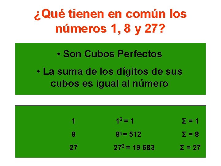 ¿Qué tienen en común los números 1, 8 y 27? • Son Cubos Perfectos