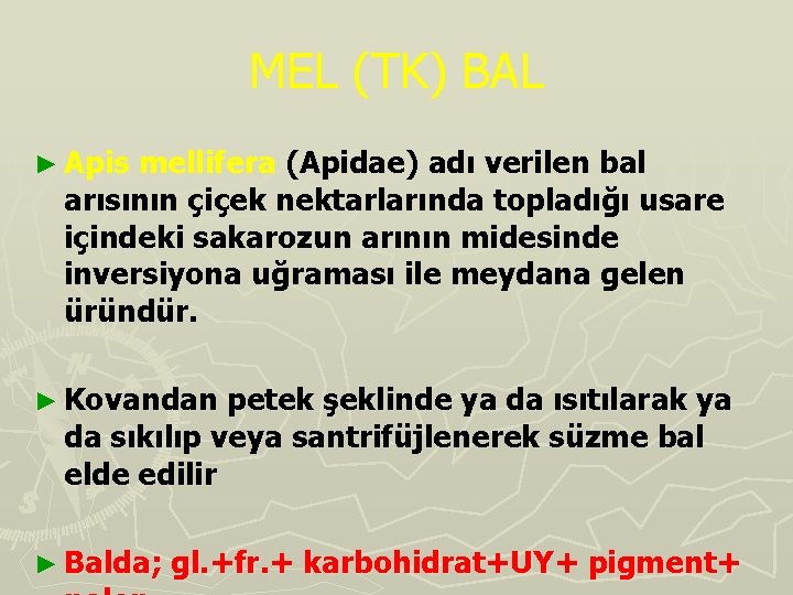 MEL (TK) BAL ► Apis mellifera (Apidae) adı verilen bal arısının çiçek nektarlarında topladığı