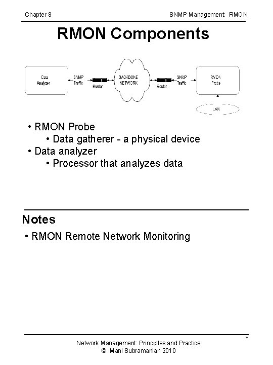 Chapter 8 SNMP Management: RMON Components • RMON Probe • Data gatherer - a Chapter 8 SNMP Management: RMON Components • RMON Probe • Data gatherer - a
