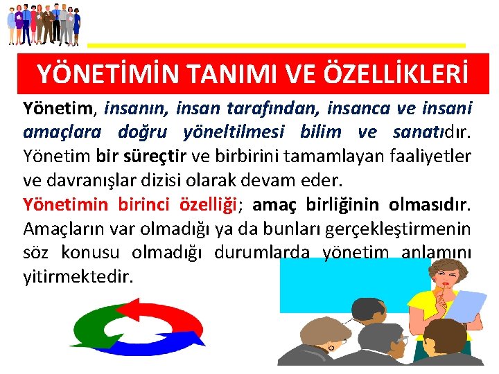 YÖNETİMİN TANIMI VE ÖZELLİKLERİ Yönetim, insanın, insan tarafından, insanca ve insani amaçlara doğru yöneltilmesi