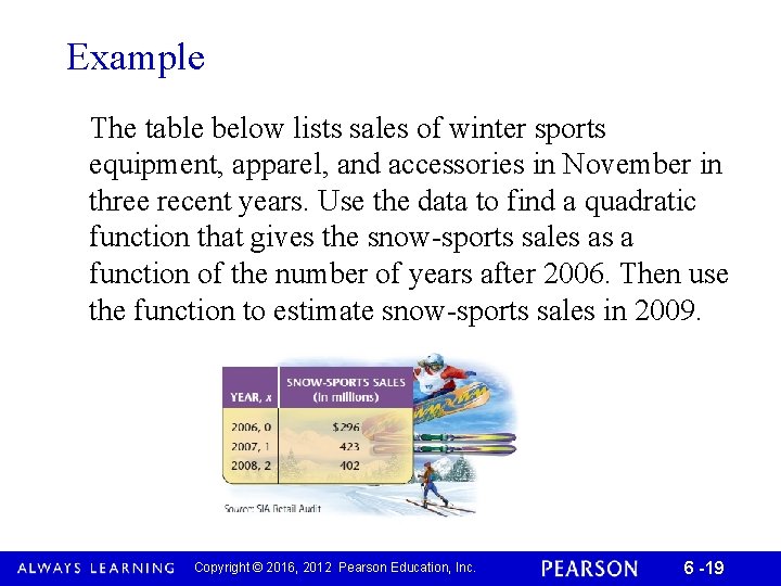 Example The table below lists sales of winter sports equipment, apparel, and accessories in