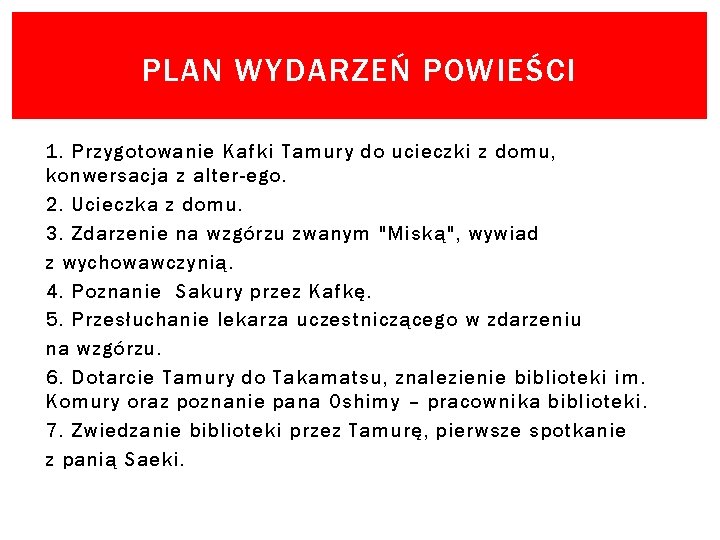 PLAN WYDARZEŃ POWIEŚCI 1. Przygotowanie Kafki Tamury do ucieczki z domu, konwersacja z alter-ego.