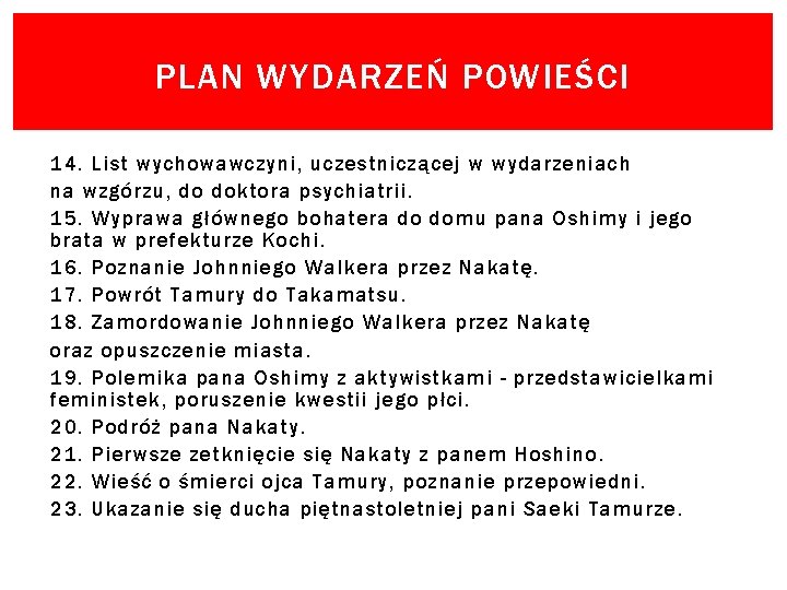 PLAN WYDARZEŃ POWIEŚCI 14. List wychowawczyni, uczestniczącej w wydarzeniach na wzgórzu, do doktora psychiatrii.