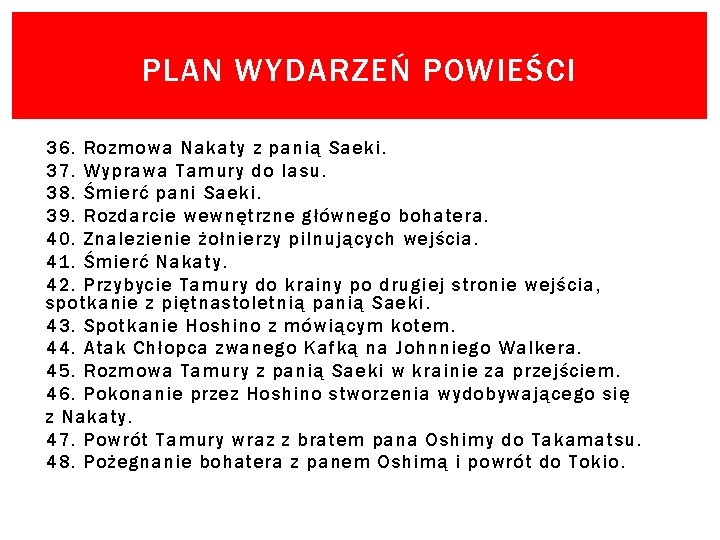 PLAN WYDARZEŃ POWIEŚCI 36. Rozmowa Nakaty z panią Saeki. 37. Wyprawa Tamury do lasu.