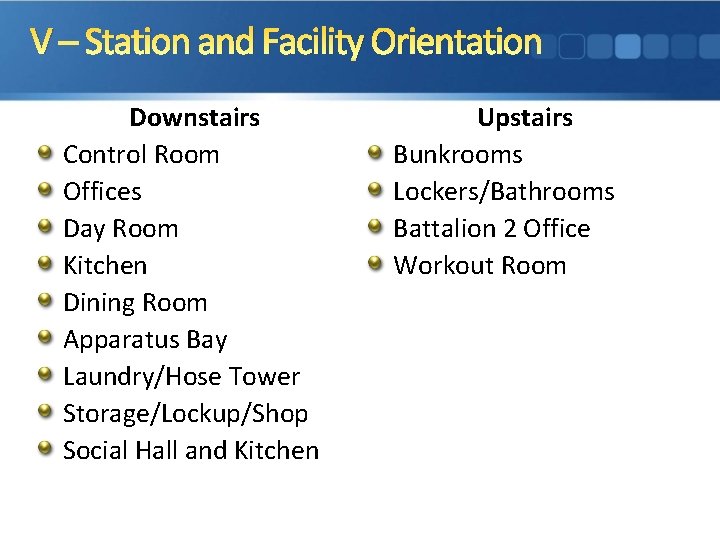 V – Station and Facility Orientation Downstairs Control Room Offices Day Room Kitchen Dining