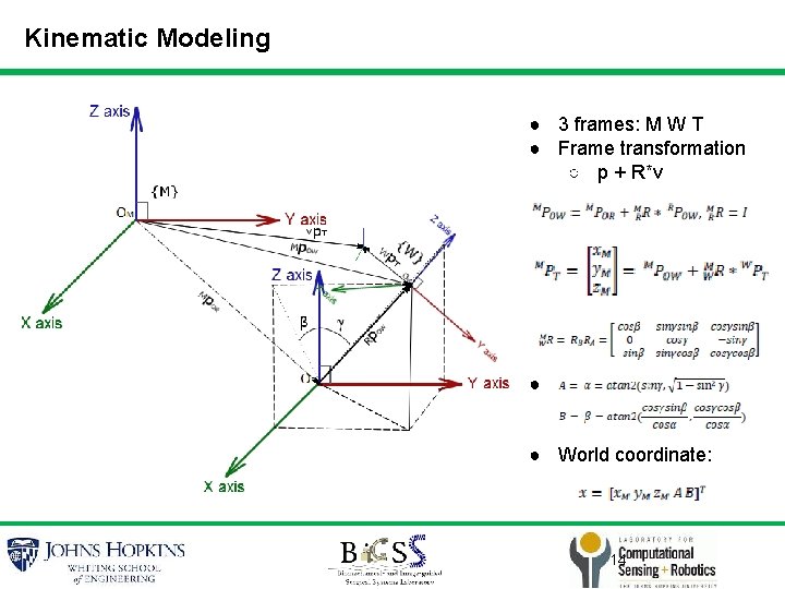 Kinematic Modeling ● 3 frames: M W T ● Frame transformation ○ p +