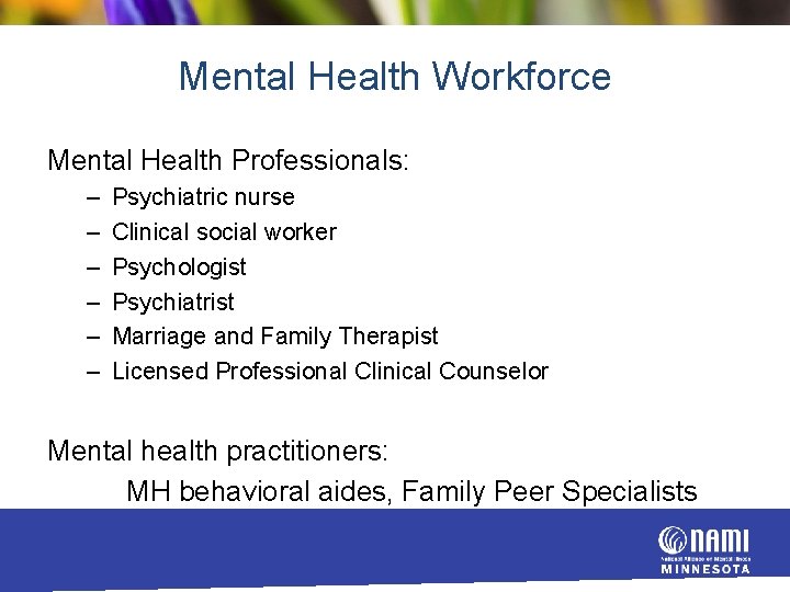 Mental Health Workforce Mental Health Professionals: – – – Psychiatric nurse Clinical social worker