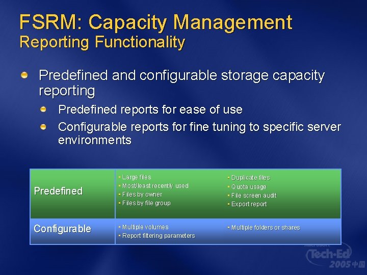 FSRM: Capacity Management Reporting Functionality Predefined and configurable storage capacity reporting Predefined reports for FSRM: Capacity Management Reporting Functionality Predefined and configurable storage capacity reporting Predefined reports for