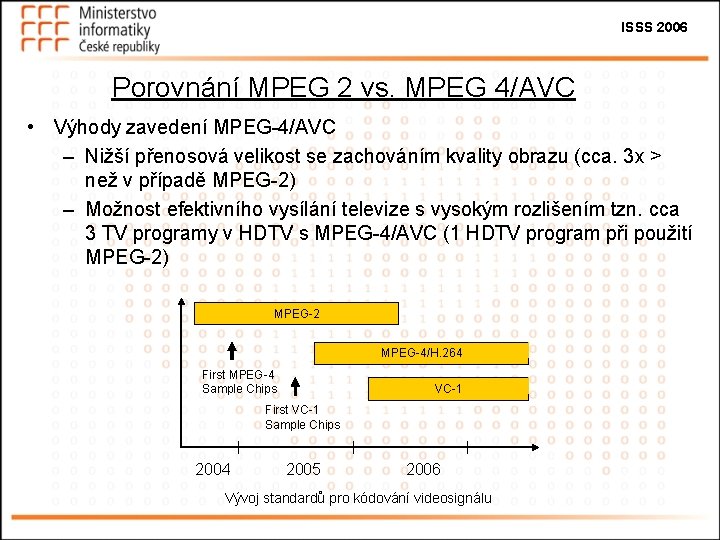 ISSS 2006 Porovnání MPEG 2 vs. MPEG 4/AVC • Výhody zavedení MPEG-4/AVC – Nižší