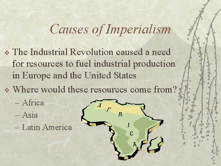Causes of Imperialism The Industrial Revolution caused a need for resources to fuel industrial