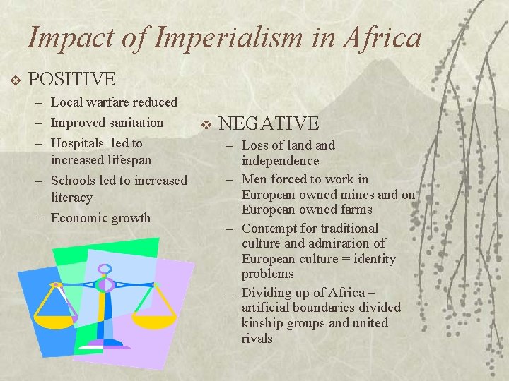 Impact of Imperialism in Africa v POSITIVE – Local warfare reduced – Improved sanitation