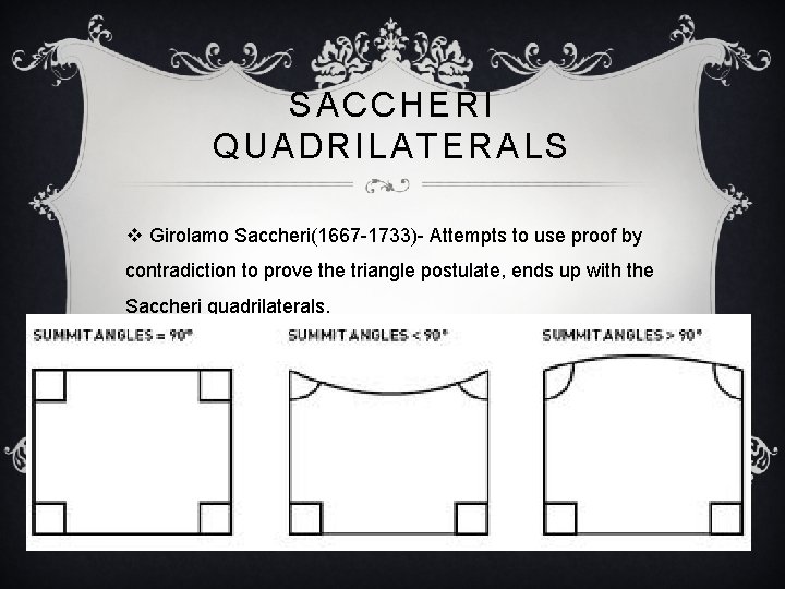 SACCHERI QUADRILATERALS v Girolamo Saccheri(1667 -1733)- Attempts to use proof by contradiction to prove