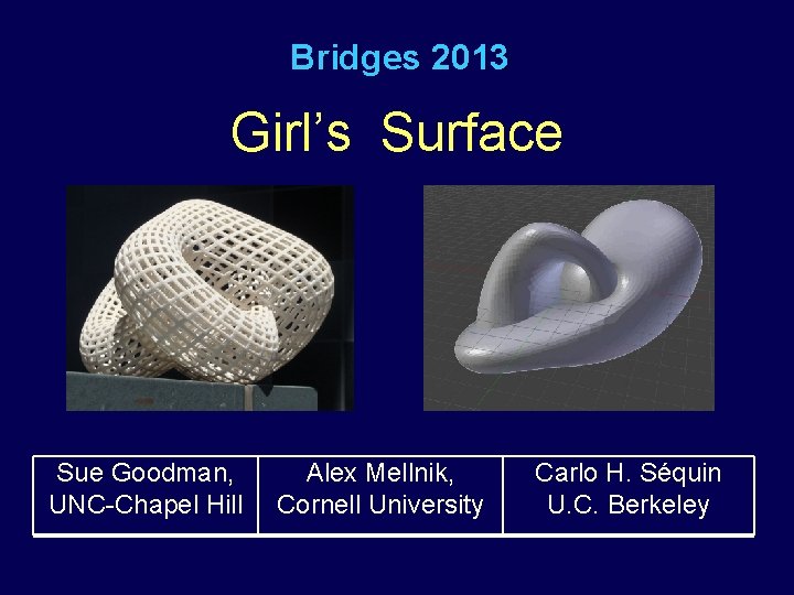 Bridges 2013 Girl’s Surface Sue Goodman, UNC-Chapel Hill Alex Mellnik, Cornell University Carlo H.