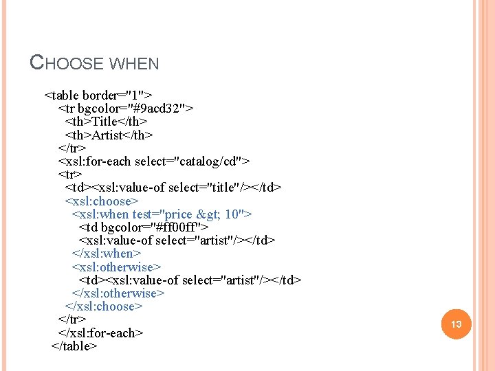 CHOOSE WHEN <table border="1"> <tr bgcolor="#9 acd 32"> <th>Title</th> <th>Artist</th> </tr> <xsl: for-each select="catalog/cd">