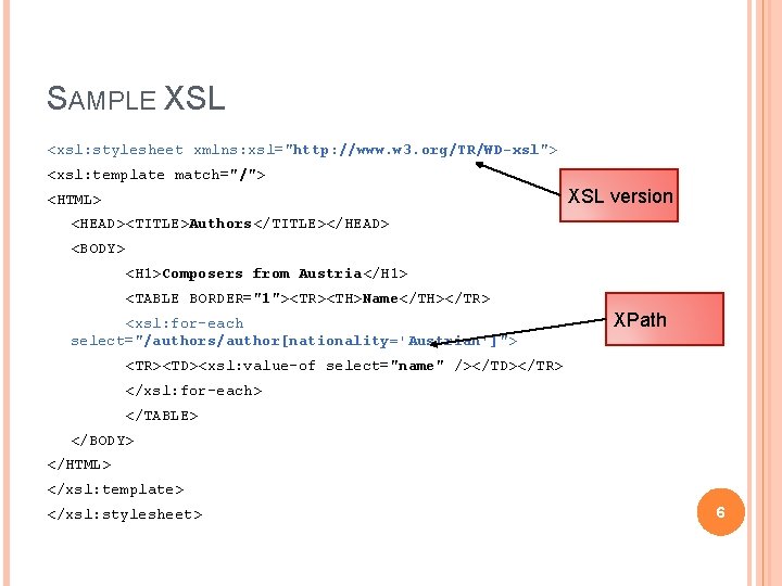 SAMPLE XSL <xsl: stylesheet xmlns: xsl="http: //www. w 3. org/TR/WD-xsl"> <xsl: template match="/"> XSL