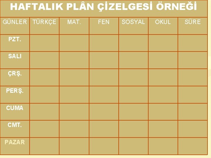 HAFTALIK PL N ÇİZELGESİ ÖRNEĞİ GÜNLER TÜRKÇE PZT. SALI ÇRŞ. PERŞ. CUMA CMT. PAZAR