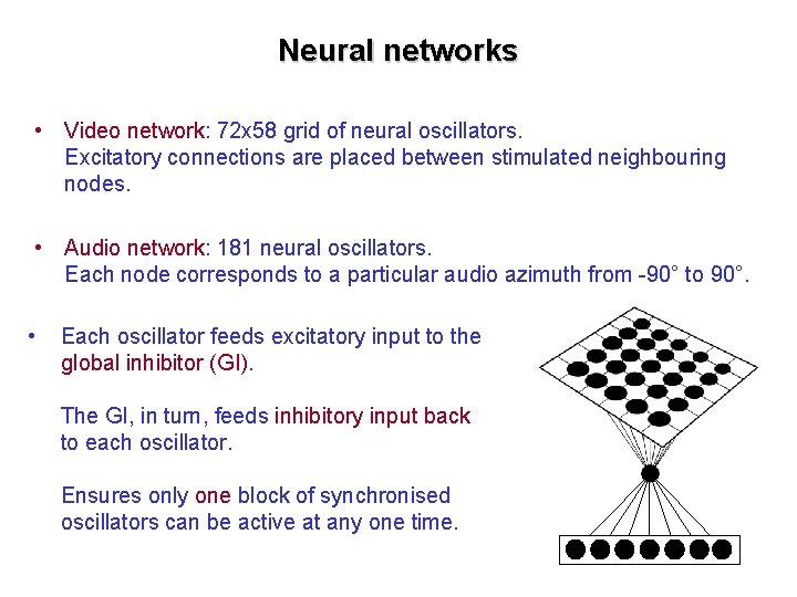 Neural networks • Video network: 72 x 58 grid of neural oscillators. Excitatory connections