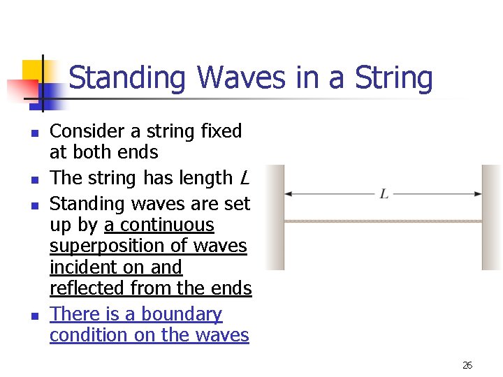 Standing Waves in a String n n Consider a string fixed at both ends