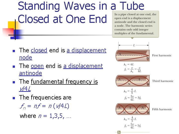 Standing Waves in a Tube Closed at One End n n The closed end