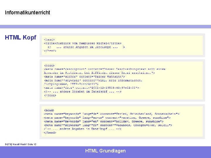 Informatikunterricht HTML Kopf DI(FH) Harald Hochl- Seite 12 HTML Grundlagen 