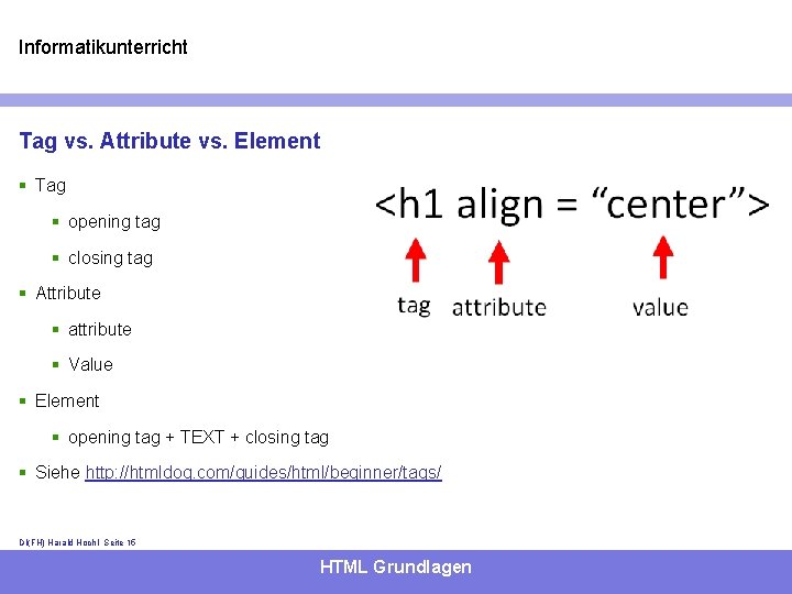 Informatikunterricht Tag vs. Attribute vs. Element § Tag § opening tag § closing tag