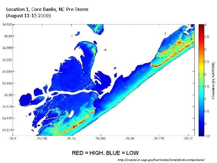 Location 1, Core Banks, NC Pre-Storm (August 11 -15 2009) RED = HIGH, BLUE